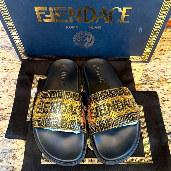FENDACE Fendi x Versace Collab Gold Metal Mesh Black Pool Slides Rubber EU 40 main image 7
